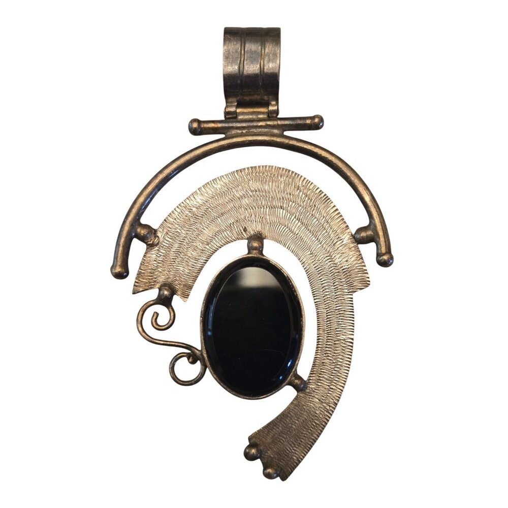 Vintage Taxco Style 950 Silver Black Onyx Pendant Abstract Design Modernist‎